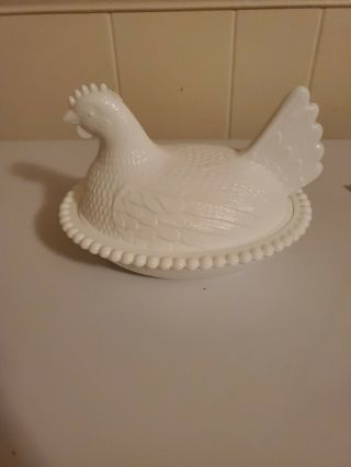 Vintage White Milk Glass Chicken Hen On Nest Covered Candy Dish.