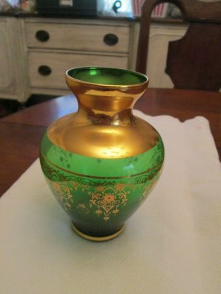 24k Vecchia Murano Vintage Crystal Glass Bud Vase Green Ornate Italy