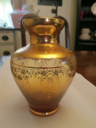24k Vecchia Murano Vintage Crystal Glass Bud Vase Amber Gold Ornate Italy