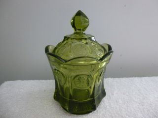 Vintage Fostoria Glass,  Green Coin Pattern Candy Dish With Lid