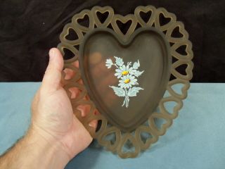 Westmoreland Brown Mist Satin Glass Heart Shaped Plate White Daisies Decoration