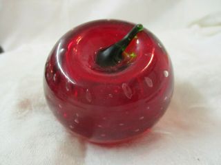Vintage Hand Blown Art Glass Red Green Cherry Paperweight With Bubbles