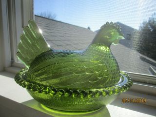 Indiana Green Glass Hen - On - Beaded Nest Covered - Candy Dish