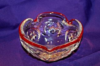 Lovely Vintage Thick Blown Glass Ashtray Decorative Bowl Clear W/red Trim P060