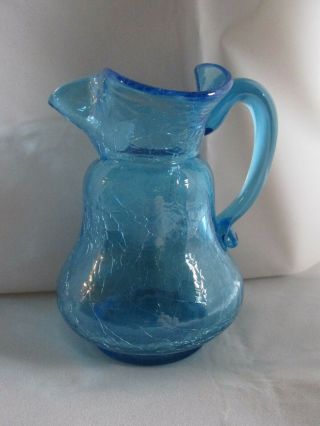 Vintage Blue Crackle Glass Mini Pitcher Ruffled Bud Vase 4”