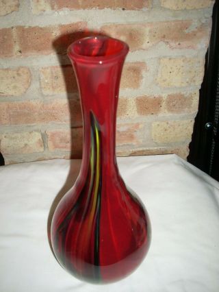 Glass 15 Inch Bud Vase Red Green Swirl