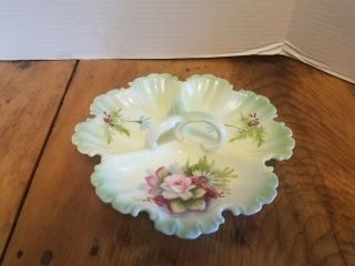 Vintage Hand Painted Lefton China Divided Candy Dish Ruffled Roses Teal Japan