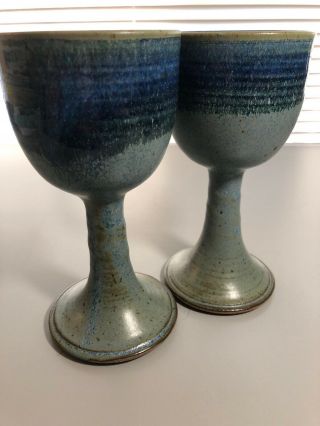 Set Of 2 Vintage Hand Made Pottery Wine Glasses Goblets Blue Gray 7 Inches Tall