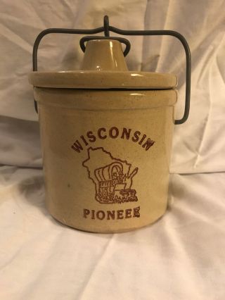 Vintage Wisconsin Pioneer Cheese Crock With Lid And Wire Bail Pottery Decorative