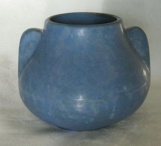 Vintage Brush Mccoy Art Pottery Vellum Squat Vase Ear Handles Mottled Blue 1930s