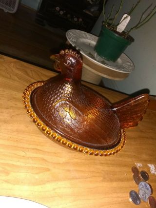 Vtg Amber Carnival Glass Candy Butter Dish Indiana Chicken Hen On A Basket Nest