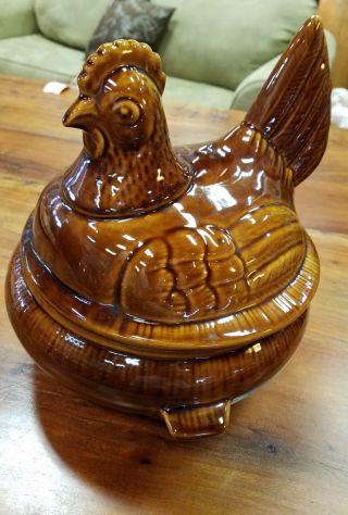 Vintage Pottery Hen Chicken Casserole Dish With Lid Brown
