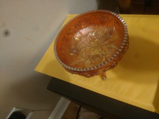 Vintage Carnival Glass Bowl - Footed Marigold With Embossed Roses & Toothed Rim