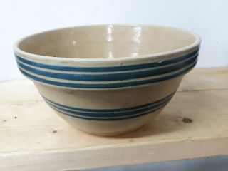 Antique Primitive Farm Rustic Stoneware Yellow Ware Blue Banded 9.  5 Mixing Bowl