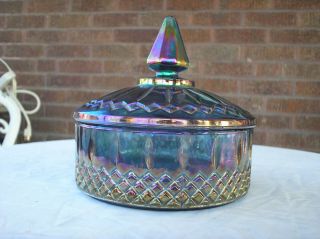 Vtg Indiana Princess Blue Iridescent Carnival Glass Candy Or Nut Dish With Lid