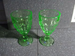 2 Water Goblets Green Depression Glass Block Optic Colonial Uranium Vaseline
