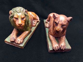 Vintage Italian Hand Painted Porcelain Lion Pair Initialed Numbered Bookends