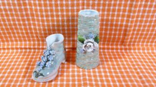 Vintage Germany Miniature Blue Flowers Matching Vase And Shoe