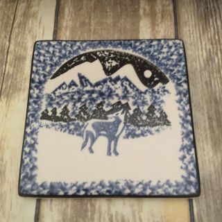 Tienshan China Folk Craft Wolf Blue White Ceramic Kitchen 5 " Trivet Hot Plate