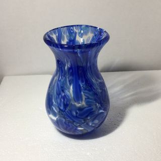 Hand Blown Art Glass Vase - Clear With Cobalt Blue Green & White 6” Tall X 4” W
