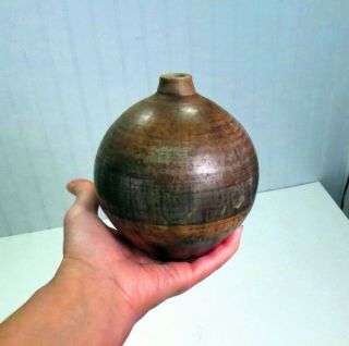 Vintage Signed " M " Mid Century Modern Stoneware Striated Glaze Vase Weed Pot