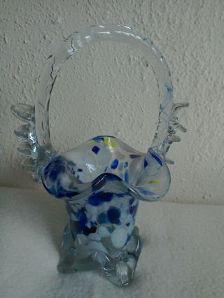 Pretty Murano Hand Blown Glass Vase/basket Blue And White 17 Cm Tall.