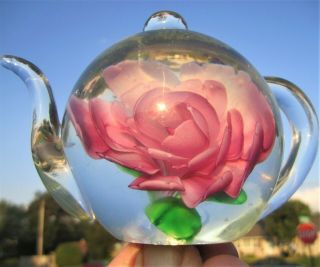 Pink Rose Blossom Tea Pot Crystal Art Glass Paperweight Dynasty Gallery Heirloom