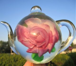 PINK ROSE BLOSSOM TEA POT CRYSTAL ART GLASS PAPERWEIGHT DYNASTY GALLERY HEIRLOOM 2