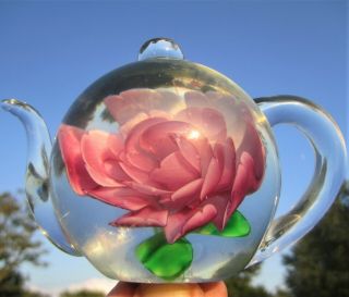 PINK ROSE BLOSSOM TEA POT CRYSTAL ART GLASS PAPERWEIGHT DYNASTY GALLERY HEIRLOOM 3