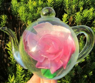 PINK ROSE BLOSSOM TEA POT CRYSTAL ART GLASS PAPERWEIGHT DYNASTY GALLERY HEIRLOOM 4