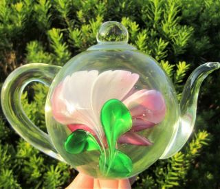 PINK ROSE BLOSSOM TEA POT CRYSTAL ART GLASS PAPERWEIGHT DYNASTY GALLERY HEIRLOOM 5