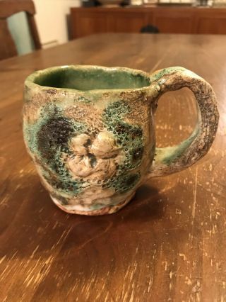 Vintage Handmade Salt Glazed Pottery Mug - Faces,  Leaves Cup