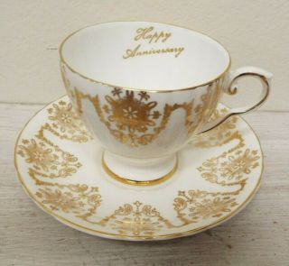Vintage Royal Grafton Fine Bone China Teacup & Saucer Happy Anniversary Gold