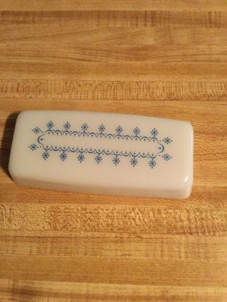 Vintage Pyrex Snowflakes & Garland Milk Glass Blue 2 Piece Covered Butter Dish