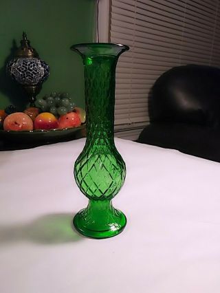 Vintage E O Brody Green Glass Bud Vase With Triangle Pattern
