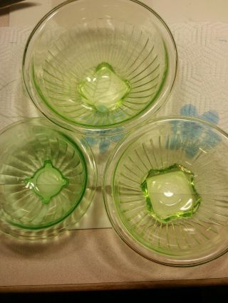 3 Vintage Vaseline Uranium Depression Glass Green Mixing Bowl W/rolled Edge Set