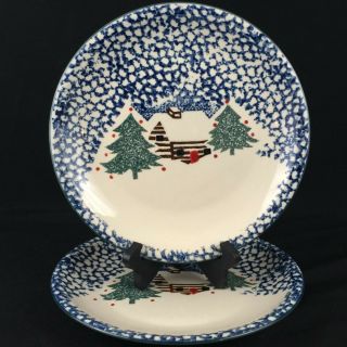Set Of 2 Vtg Dinner Plates By Tienshan Folkcraft Cabin In The Snow Christmas
