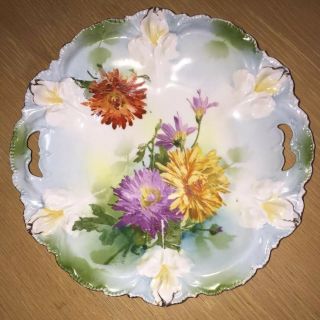 Rs Prussia Cake Plate " Iris " Mold Aster Flowers Porcelain Green Mark