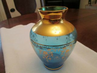 24k Vecchia Murano Vintage Crystal Glass Bud Vase Blue Gold Ornate Italy