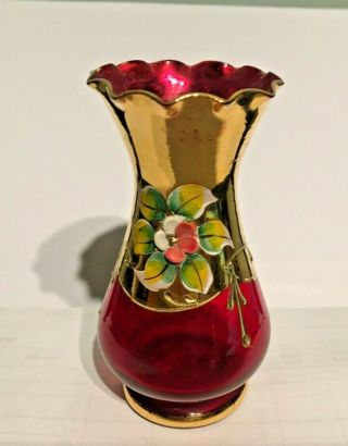 Murano Glass Ruby Red Vase Real Gold Overlay Lovely.  Enamel Flower 1950 