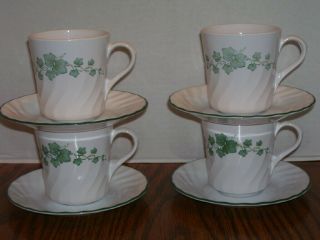Set Of 4 Corelle Callaway Green Ivy Pattern Coffee Cups Mugs And Saucers