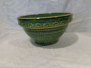 Antique Green Pottery Mixing Bowl Primitive Americana Crown Mark Stoneware