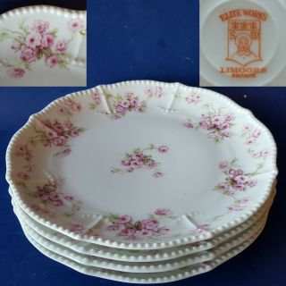 4 Antique Bawo & Dotter Elite Limoges France 8 " Salad Plates.  Pink Roses