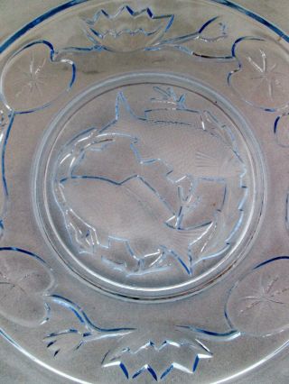ART DECO BAGLEY PRESSED BLUE GLASS PLATE/DISH FISH & WATER LILIES 3123 2