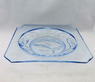 ART DECO BAGLEY PRESSED BLUE GLASS PLATE/DISH FISH & WATER LILIES 3123 3