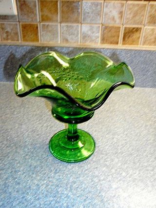 Vintage Green Glass Candy Dish On Pedestal
