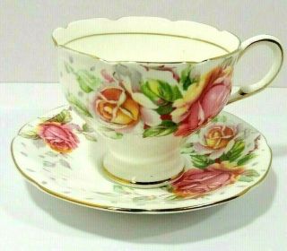 Vintage Paragon Bone China White Tea Cup Saucer Set Golden Emblem Rose Floral