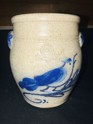 1983 Rowe Pottery Stoneware Salt Glaze Storage Jug Crock Cobalt Bird 7”