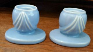 Vintage Weller Pottery Candle Stick Holders - Pale Blue Draped