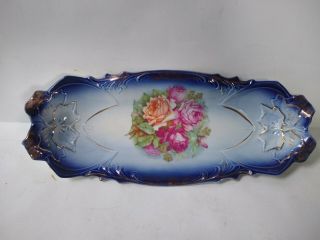Antique German Cobalt Blue Floral Roses Relish Celery Bowl